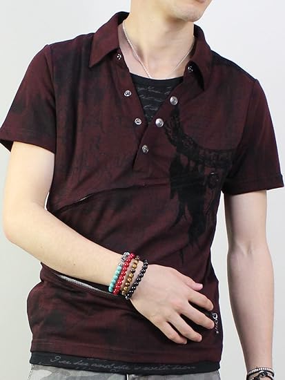 Amazon ボルドー L ポロシャツ メンズ レイヤード プリント 半袖intheattic トップス カットソー シャツ ストレッチ ホワイト 白 ブラック 黒 ボルドー 赤 ポロシャツ 通販