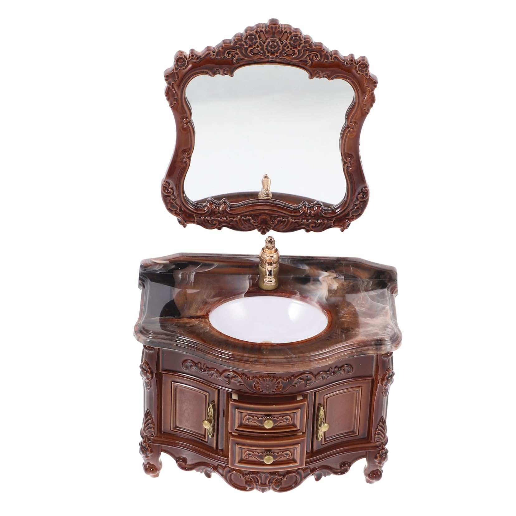 Veemoon 1 Set Miniature Vintage Dollhouse Bathroom Sink with Wall Mirror Functional Wash Basin Cabinet for Dollhouse Furniture for Creative Play and Scene Layout
