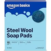 Amazon Basics Steel Wool Soap Pads, Reusable, Cuts Grease and Removes Rust, 10 Count, Pack of 1