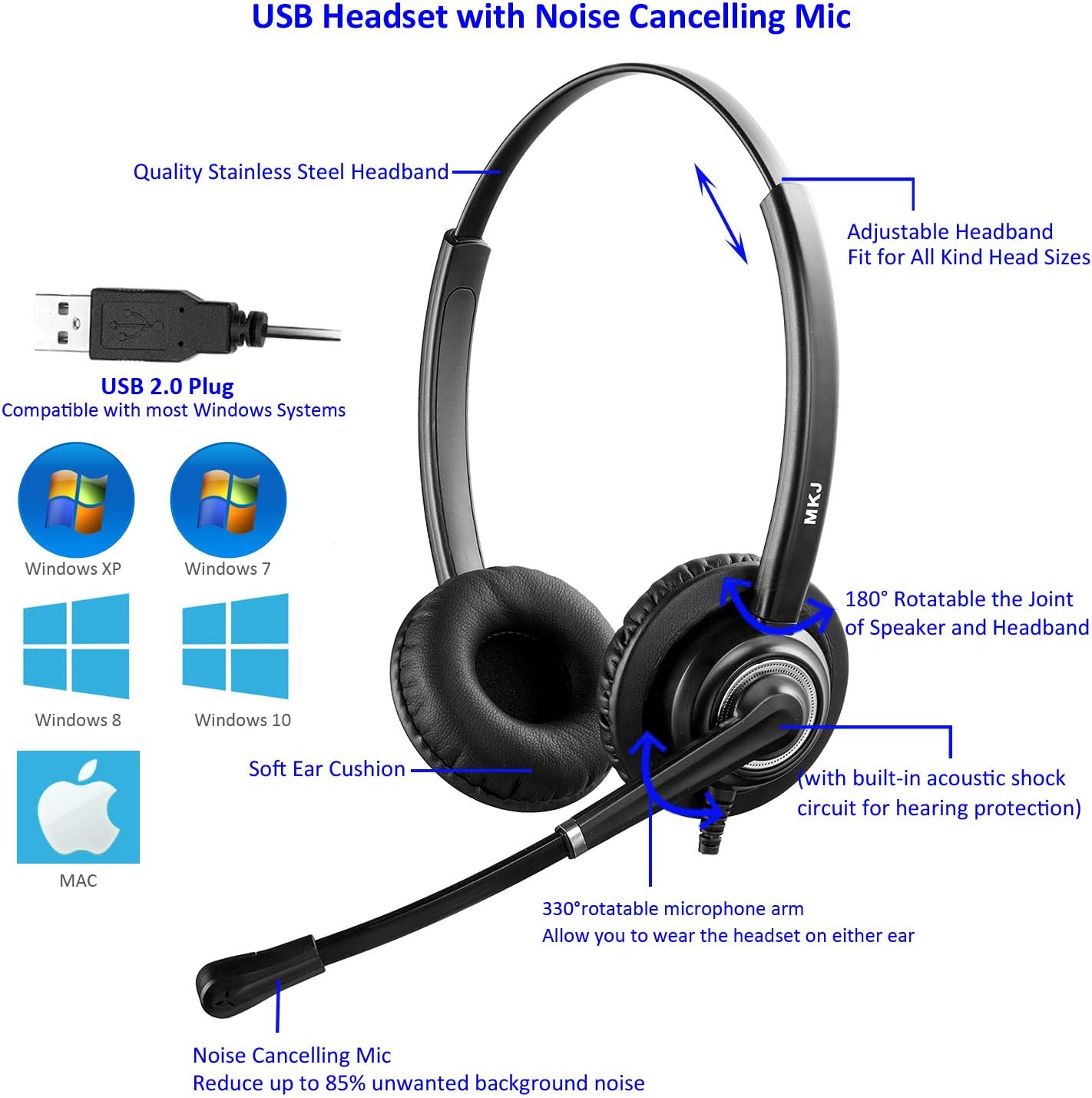 MKJ USB Telephone Headset with Noise Cancelling Microphone Dual Ear