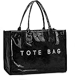 SongKedora PVC Tote Bag for Women Large Work Plastic Tote Purse Letter Print Shoulder Bag Hobo Handbag with Top Handle