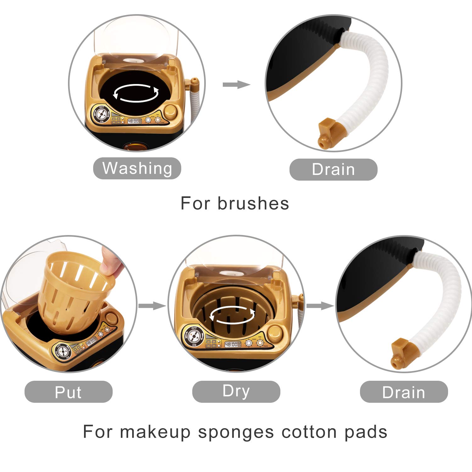 Makeup Washing Machine Mini Automatic Makeup Brush Cleaner Device, Deep Cleaning Machine for Sponge and Powder Puff Mini Toy (Black and Golden): Beauty