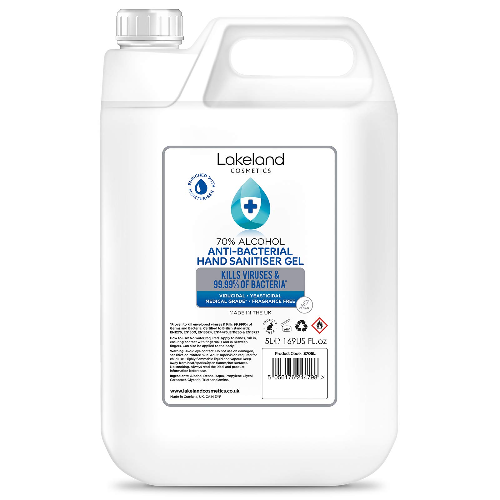 70% Alcohol Hand Sanitiser Gel - 1x 5L Litres - Certified Surgical/Medical Grade - Made in the UK (Single)