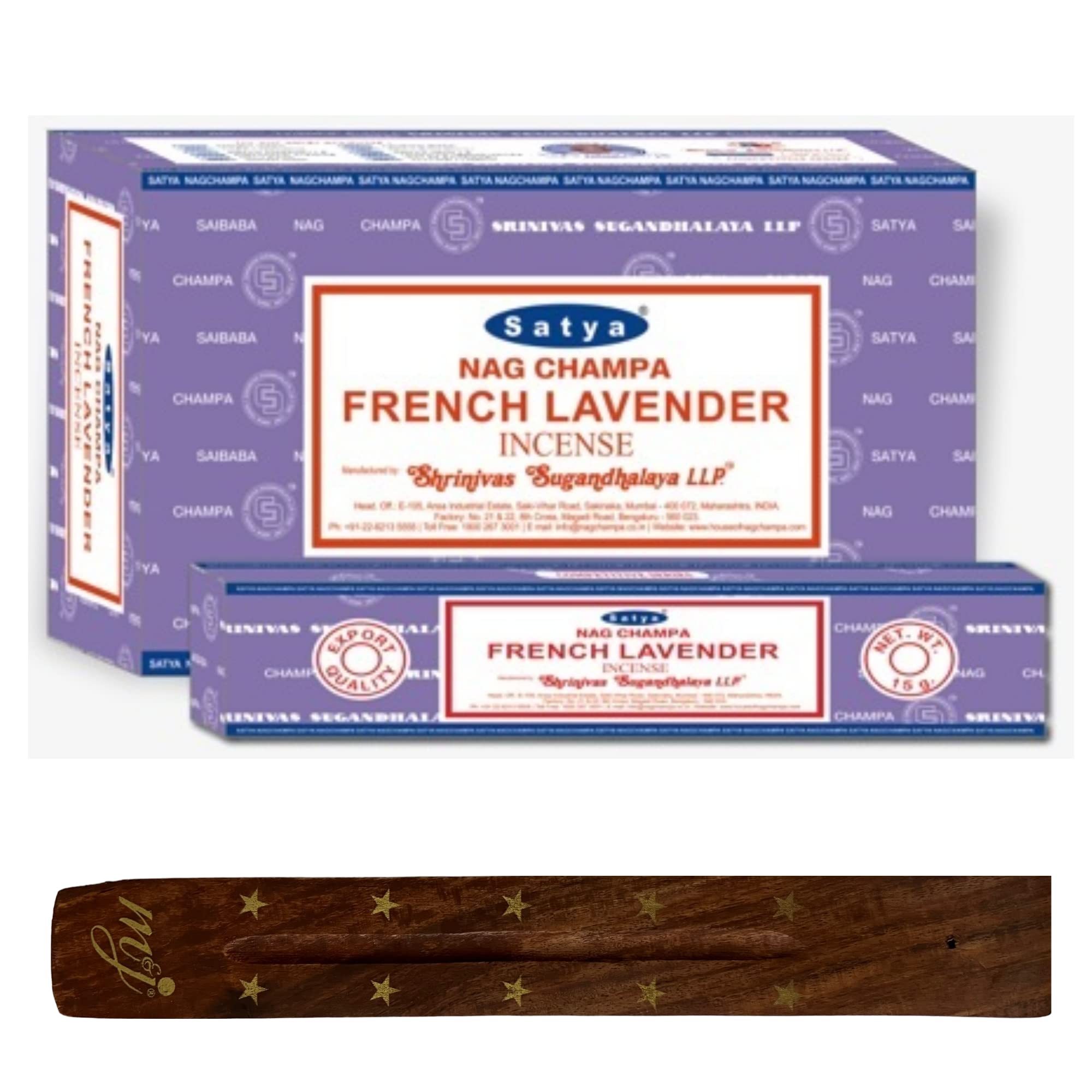 Original Satya Nag Champa French Lavender Incense Sticks | with M&J incense sticks holder | Full Box | for Aromatherapy, Spa, Yoga, Weddings, Meditation, Healing, Positivity and Relaxation