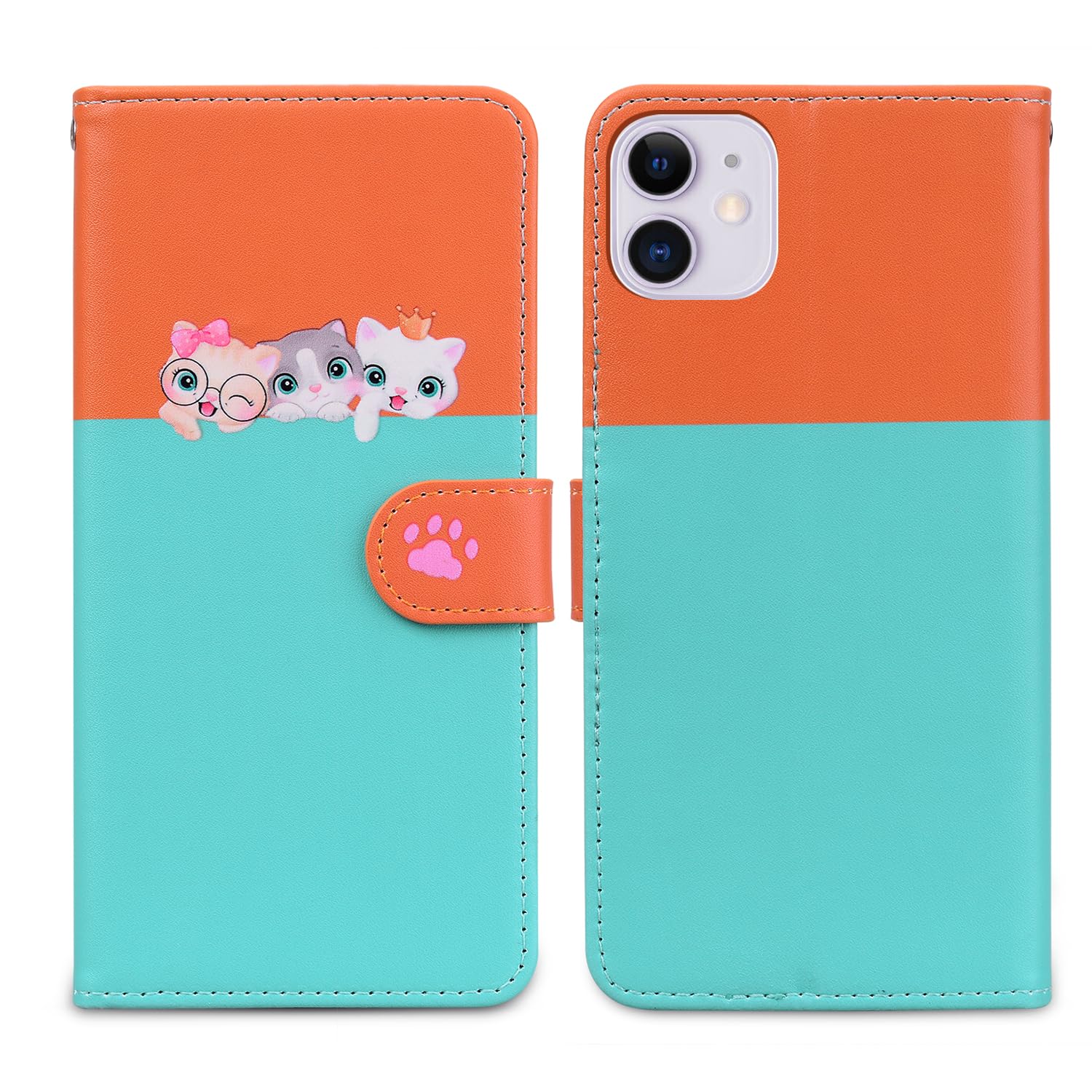 Nbziyoo Phone Case for iPhone 11,Cartoon Cats/Dogs Patterns Flip Wallet Case with Card Slots, Premium Magnetic PU Leather Cover Case for iPhone 11, Light Green