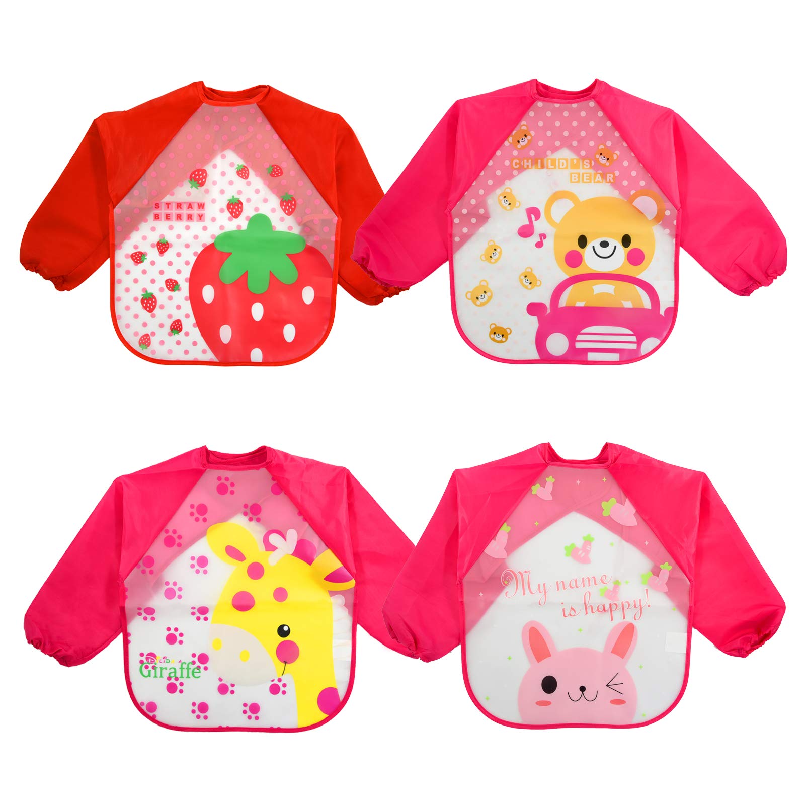 JinBei Bibs With Sleeves 4 Pcs Baby Waterproof Long Sleeves Weaning Bib Apron Infant Toddler Feeding Eating Washable Large Kids Girls EVA Painting Playing Bibs Babies 6 Months to 3 Years