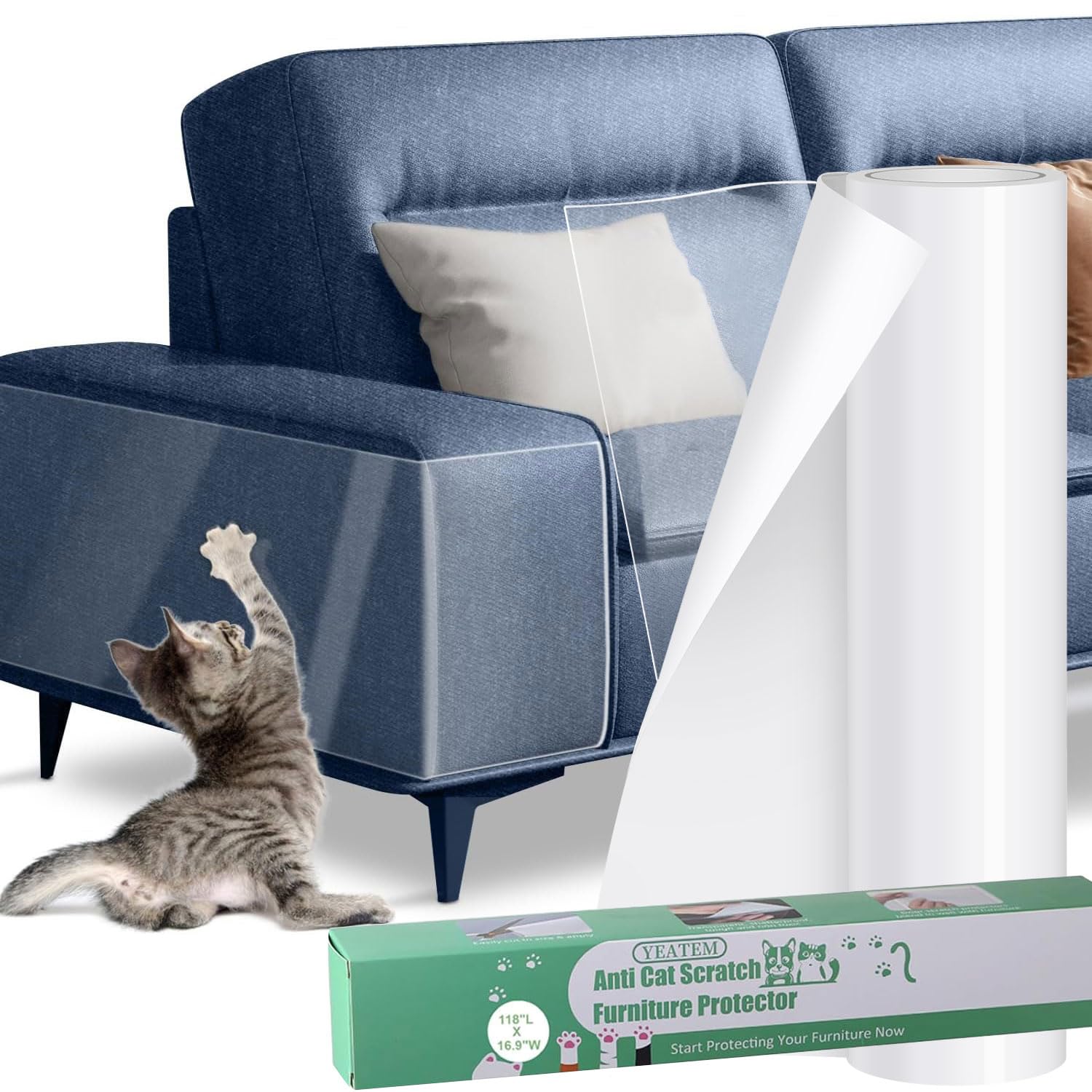 Photo 1 of [Thicken Vinyl] Cat Scratch Furniture Protector, 162"x15" Couch Protector from Cat Claws, Single-Sided Sticky Anti Scratch Furniture Protector,Extended Size Protects More Furniture+50 Fixing