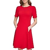 DKNY Womens Short Sleeve Jewel Neck Fit & Flare Mini Dress