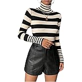 WDIRARA Women's Striped Turtle Neck Sweaters Slim Fit Ribbed Knit Long Sleeve Pullover Tops