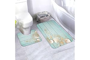 Jbofyee Seashells On Wooden Background 2 Piece Bathroom Rugs Set, Bath Mat + Toilet Contour Mat, Non-Slip Soft Microfiber Bathmat for Tub Shower Room Decor, Machine Washable