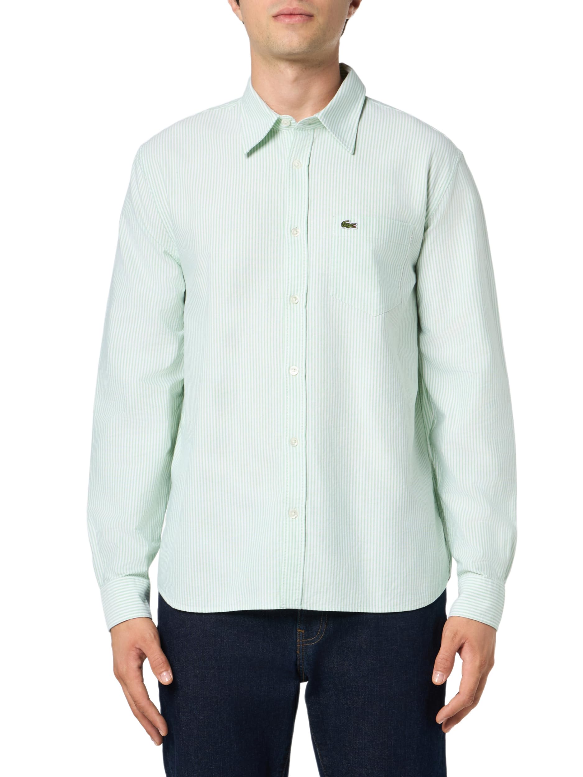 Lacoste Men’s Striped Oxford Cotton Shirt with Pocket, White & Liamone, X-Large