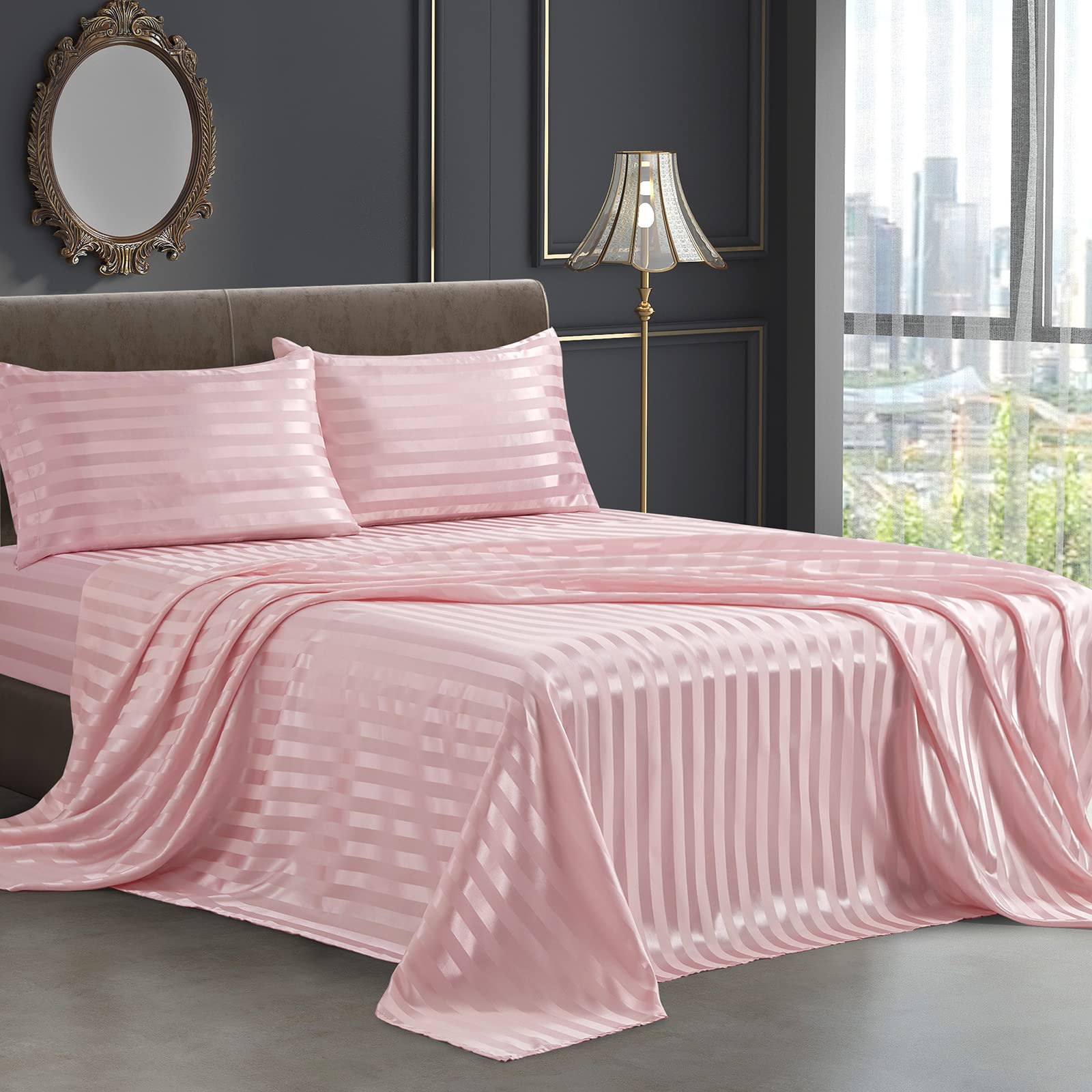 Photo 1 of SiinvdaBZX 4Pcs Satin Sheets Stripe Printed Sheets, Italian Style Silky Soft Blush Pink Satin Queen Bed Sheets with Deep Pocket, 1 Fitted Sheet, 1 Flat Sheet, 2 Envelope Closure Pillowcases
