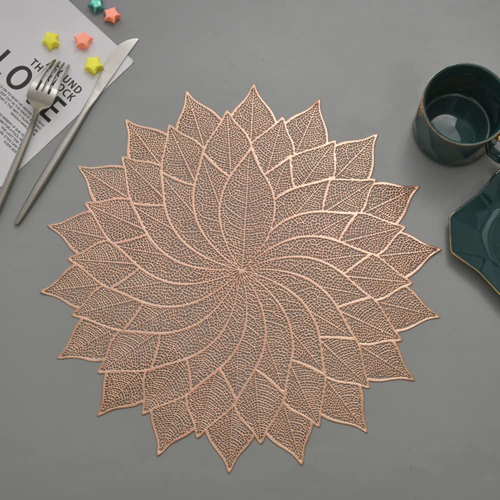 Hosoncovy 4 Pack Decorative Leaf PVC Flower Placemats - Hollow Dining Table Place Mats, Heat Resistant, Non-slip - Rose Gold