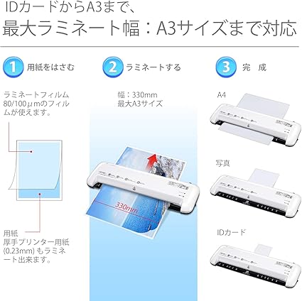 Amazon ボンサイ ラミネーター ラミネート機 A3 B5 はがき 名刺サイズ対応 波打防止 気泡なし ペーパートリマー コーナーパンチ カッター 角取り 使い方簡単 ラミネートフィルム 80 100mm対応 連続使用2時間 家庭用 業務用 L309 A ホワイト ラミネーター 文房具