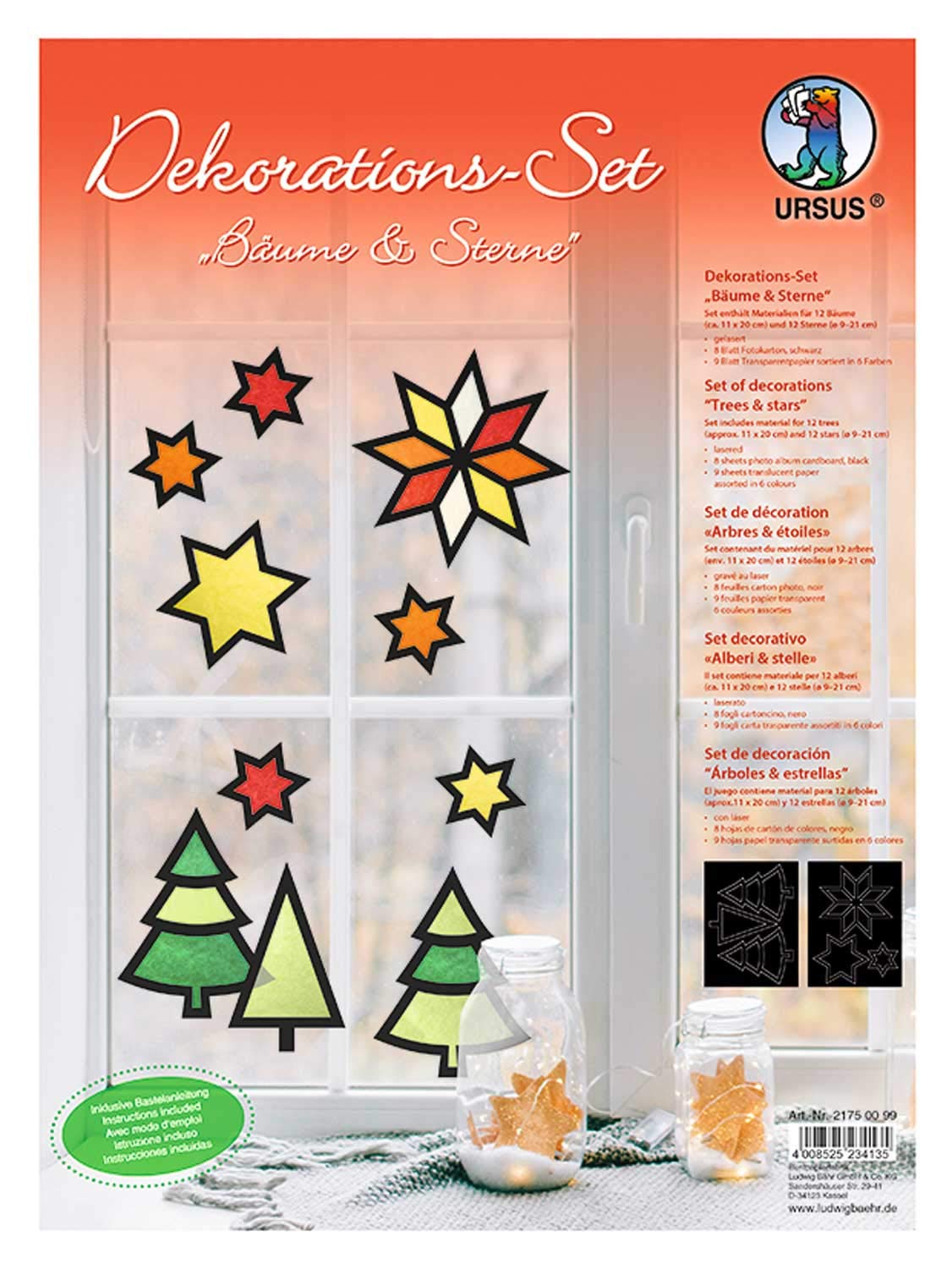 Ursus 21750099 Decorative Set Trees and Stars 8 Photo Card 300 g/m² Approx. 24.8 x 33 cm, 9 sheets of tracing paper in 6 colours, material for 6 trees and 6 stars, colourful