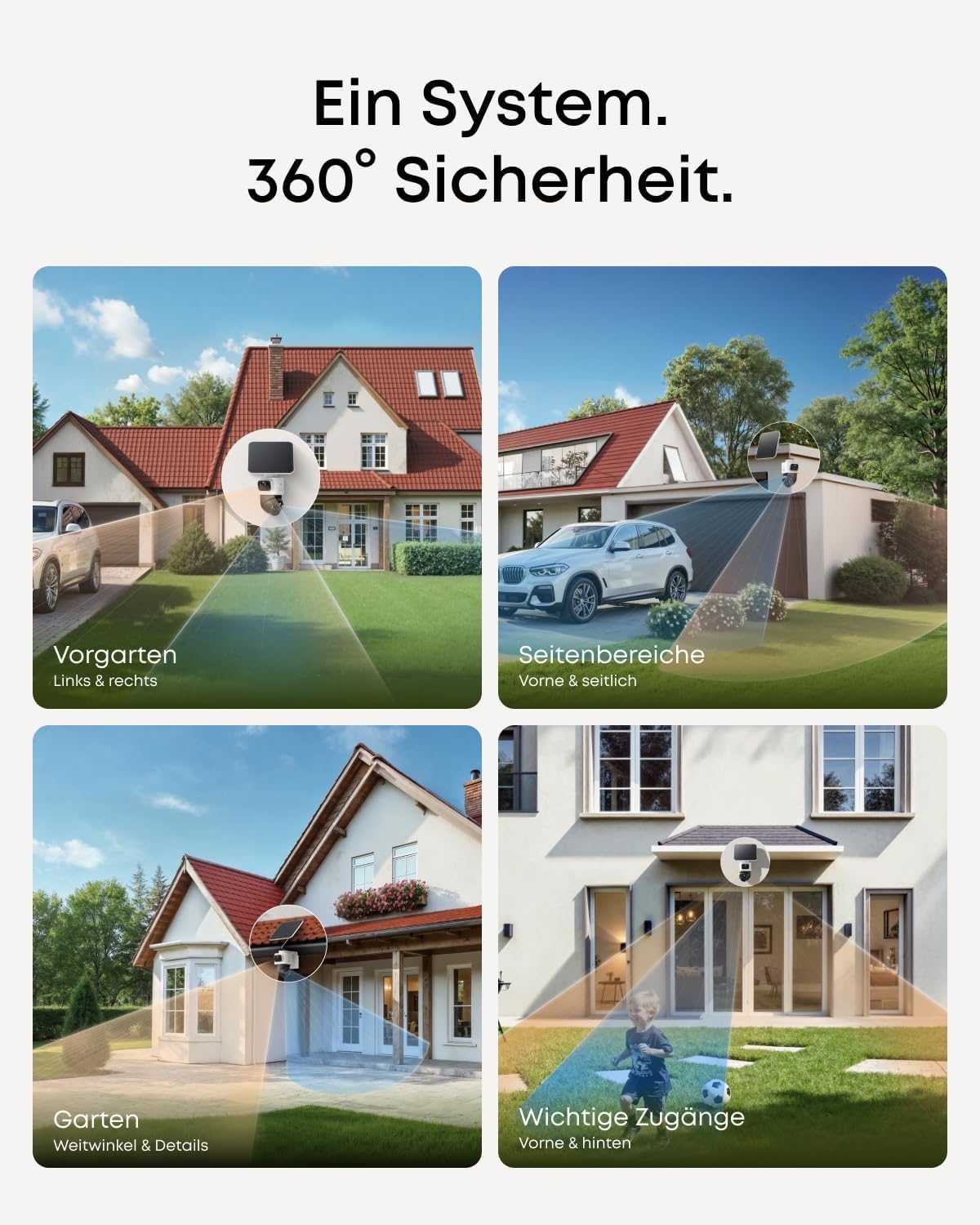 eufyCam S4 4‑Kamera‑Set, kabellose Solar‑Überwachungskamera außen, 3‑Linsen Bullet‑PTZ‑Kamera, 4K UHD, 360° Multi‑Kamera‑Tracking, Auto‑Tracking, 8× Hybridzoom, Farbnachtsicht, 16TB lokaler Speicher 5