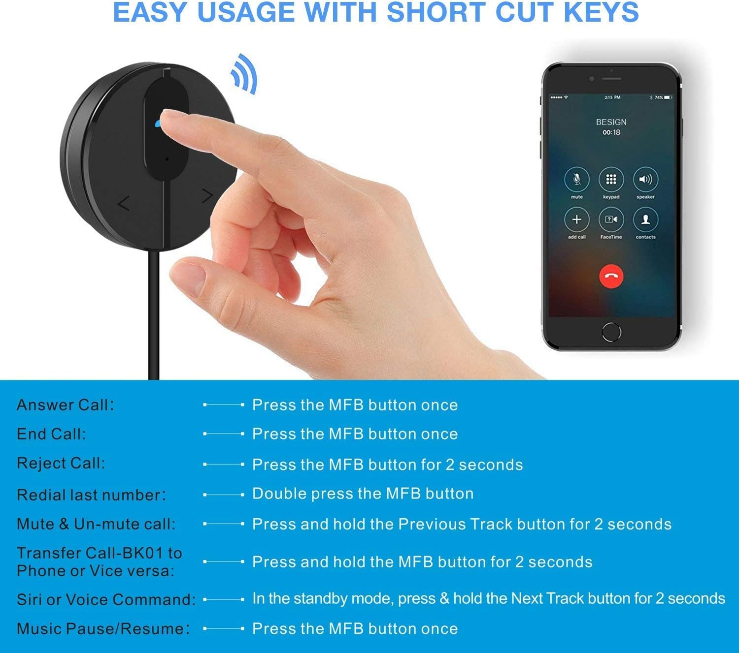 Besign BK01 Bluetooth 4.1 Car Kit for HandsFree Talking & Music Streaming, Bluetooth Audio