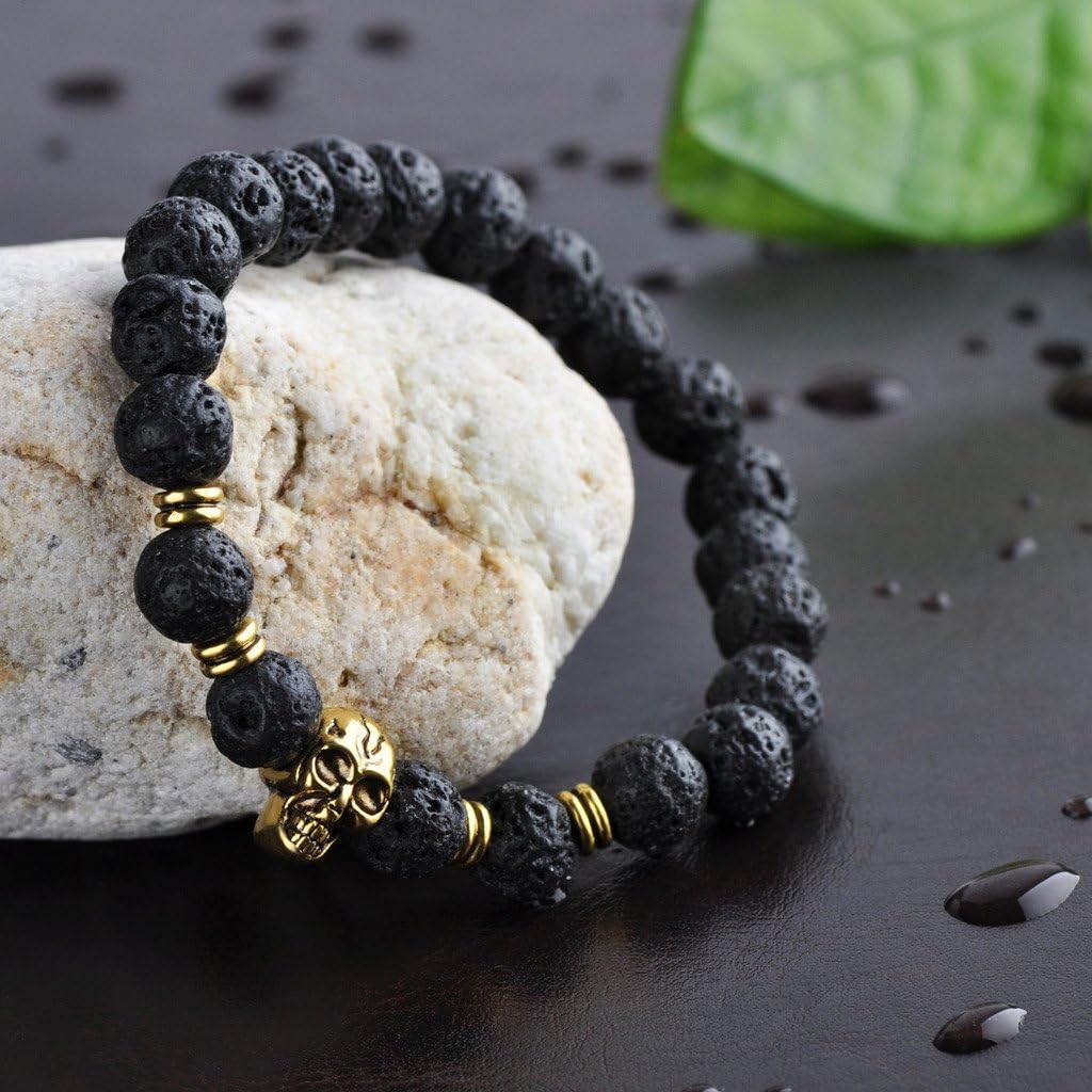 Infinite U Alloy Stretch Bracelet with Lava Stone Beads and Skull, Unisex, Therapeutic - Image 3