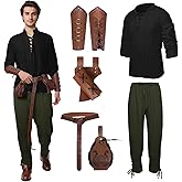 Hewlaud 6 Pcs Men's Renaissance Costume Halloween Medieval Pirate Costume Set Viking Shirt Pants Cosplay