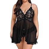 Avidlove Plus Size Lingerie for Women Sexy Lingerie Dress Lace Babydoll Lingerie V-Neck Open Front Strap Nightdress