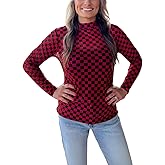 ChiyeeKiss Womens Pep Rally Checkered Mesh Shirt Game Day Spirit Sheer Tshirt Mock Neck Long Sleeves Bodycon Pullover Tops