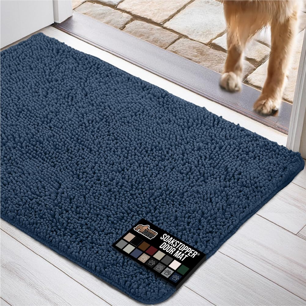 Photo 1 of GORILLA GRIP Dog Doormat, Absorbent Doormats for Muddy Dogs Paws, Machine Washable Soakstopper Rugs, Cleaner Floors, US Designed Pet Bed Door Mat, Indoor Entrance Pets Rug, Mats 24x17 Navy Blue