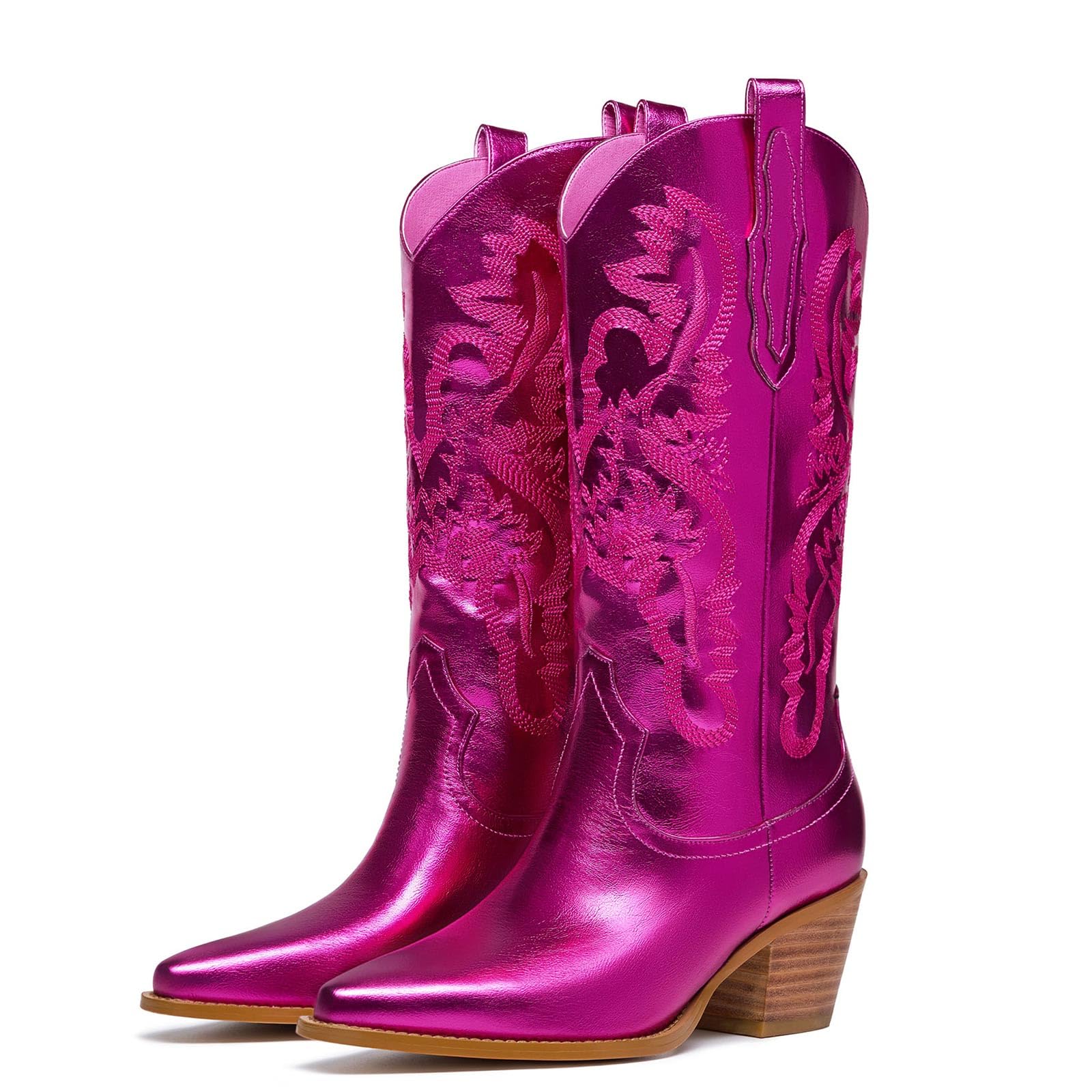 Photo 1 of GOSERCE Hot Pink Cowboy Boots for Women - Metallic Cowgirl Boots with Embroidery Sparkly Mid Calf Boots for Ladies Fahsion Classic Pull on Pointy Toe Chunky Stacked Heel 2.5" Fuchsia,11