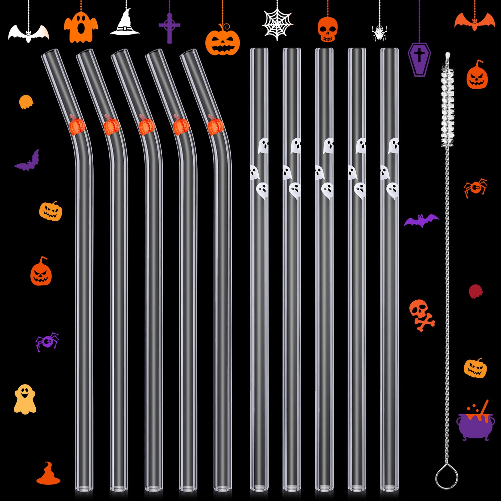 Photo 1 of Yoande 10 Pcs Halloween Themed Glass Drinking Straws Pattern Decorative Drinking Straws with Cleaning Brush for Party Supplies (Pumpkin, Ghost)