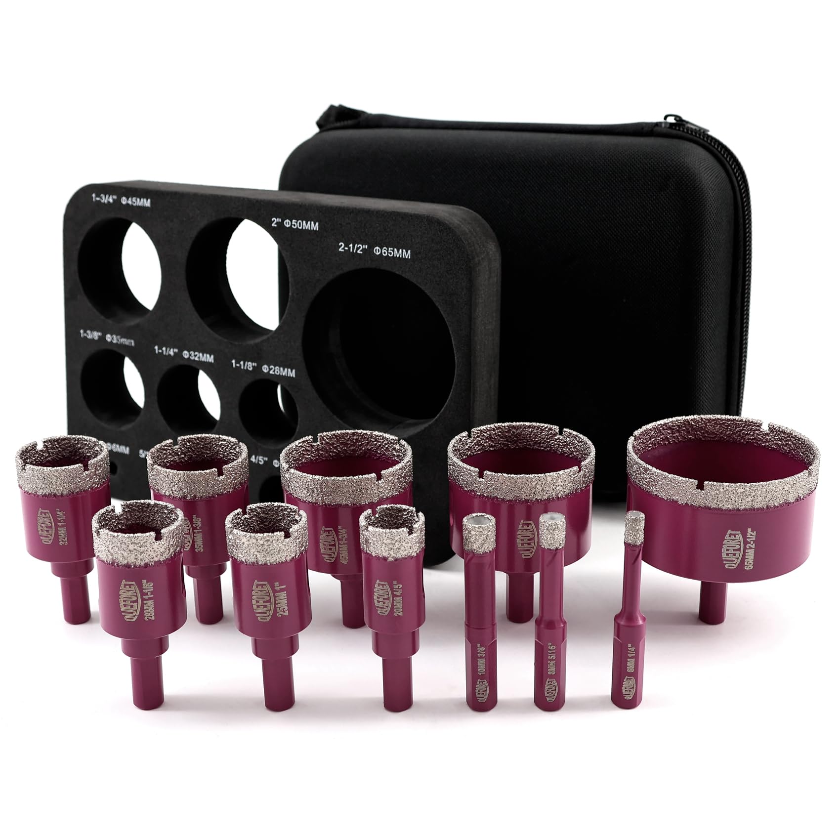 QUEFORET Diamond Drill Bits Set 11pcs - 6/8/10/20/25/28/32/35/45/50/65mm Dry Hole Saw for Ceramic Porcelain Tile Marble Granite, Triangle Shank