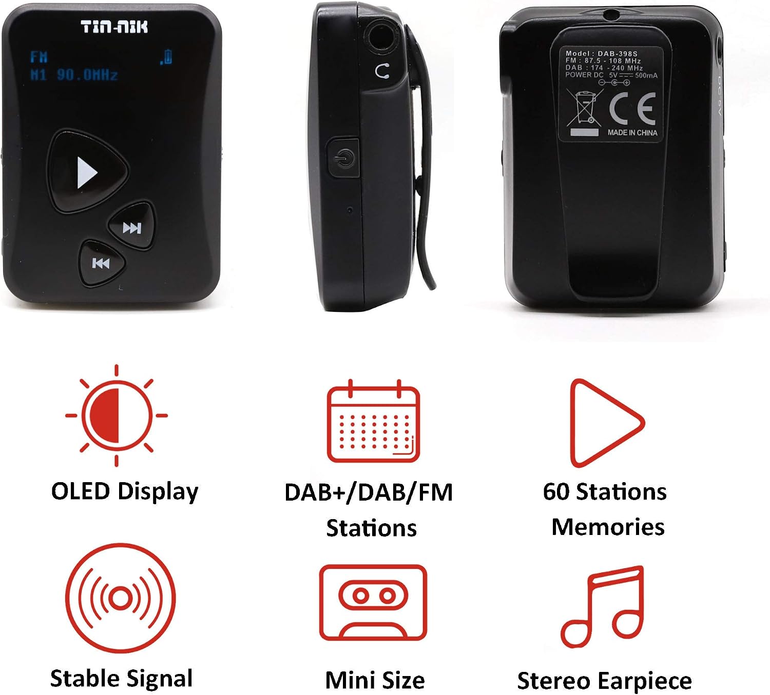 Tin-Nik DAB-398S Portable Digital DAB Radio, DAB+/DAB/FM Mini Radio, Pocket FM Radio with Earphones, OLED Display - Image 4