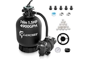 LANCHEZ Sand Filter Pump for Above Ground Pool, High Flow Pool Pump, 6-Way Valve Sand Filter Pump System, 16in 1.5HP 4900GPH with Timer