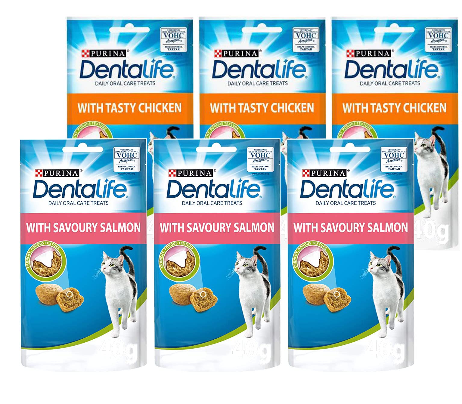 PURINA Dentalife Dental Treats for Cats | Bundle of 6 | Chicken 40g x 3 and Salmon 40g x 3