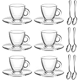 GURUDAR Espresso Cups with Saucers and Spoons Set of 6, Glass Demitasse Cups for Cappuccino Latte Café Mocha Tea and More Beverage, 3.2OZ/95ML, Clear