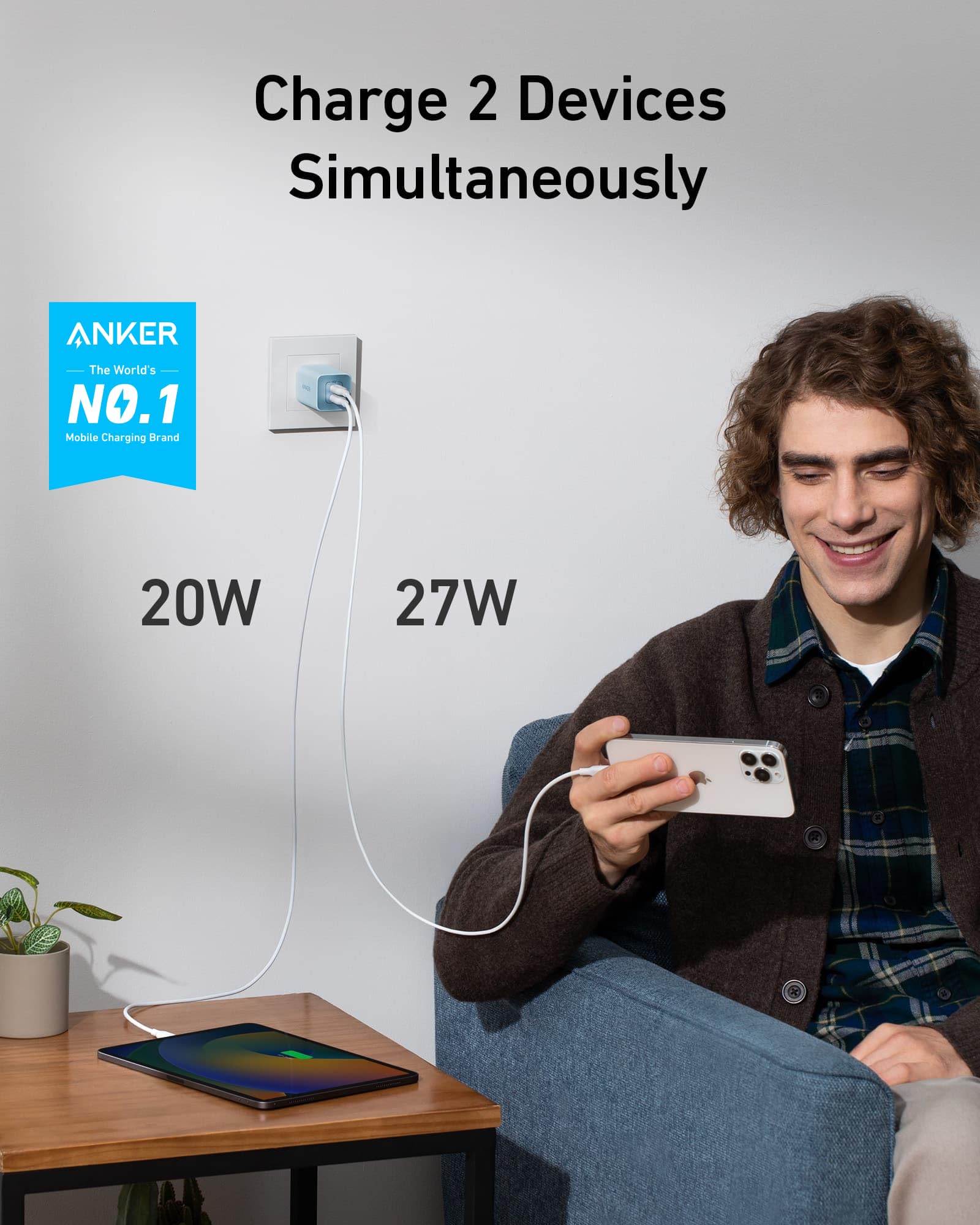 Anker Nano Charger, 47W 2 Port Compact Foldable GaN USB C Charger for iPhone 17/16, Galaxy, Pixel, Compatible with MagSafe (Blue)