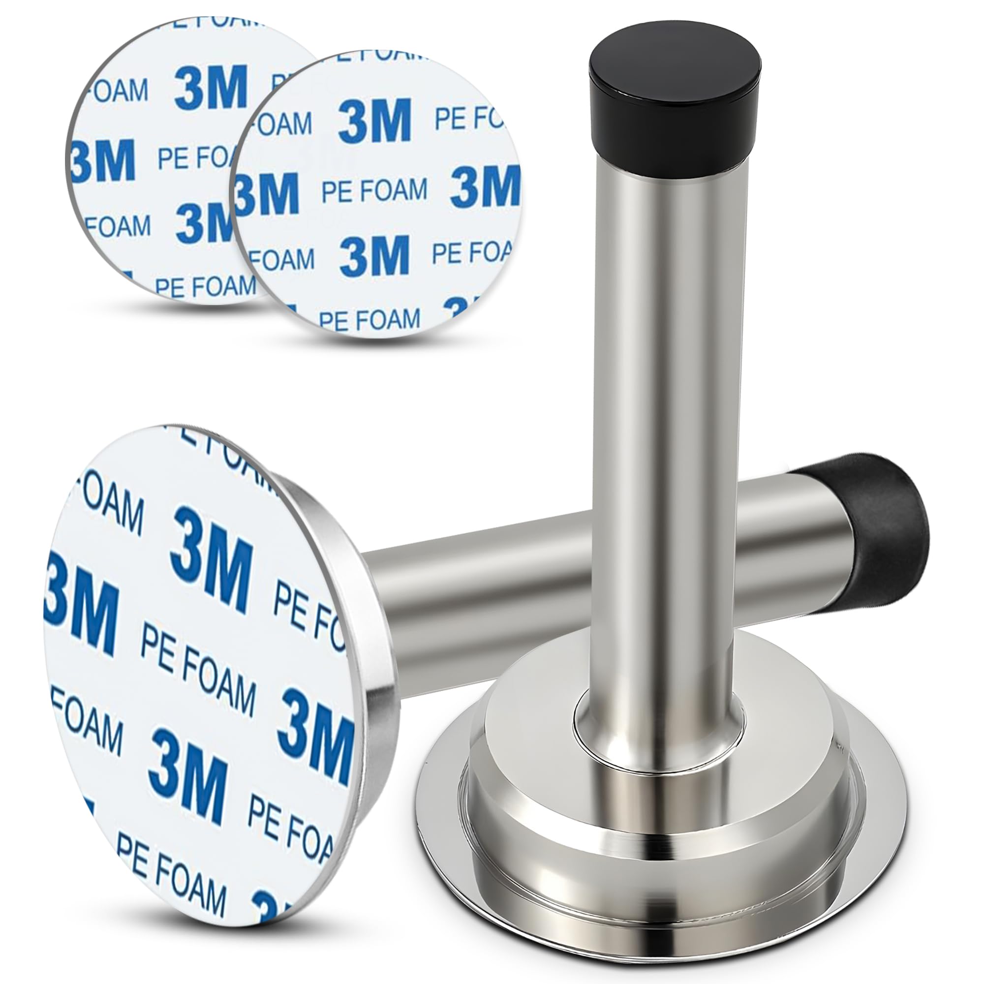 2 PCs Adhesive Mounted Door Stop | Protect Furniture & Walls from Slamming Doors | No Screw Door Stop | Stainless Steel Door Stoppers with Sound Dampening Bumper Top