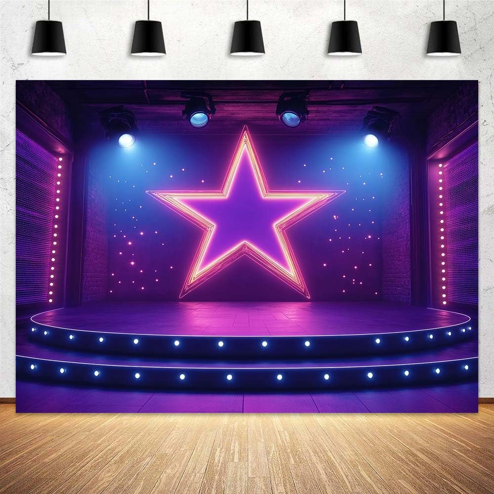 Photo 1 of 10x8 ft Show Stage Backdrop Purples Star Spotlight Hall Club Rockstar Music Party Background Dance for Movie Night Performance Party Banner Studio Props