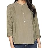 Lucky Brand Woven Gauze Mix Henley Top Dusty Olive MD (US 8-10)