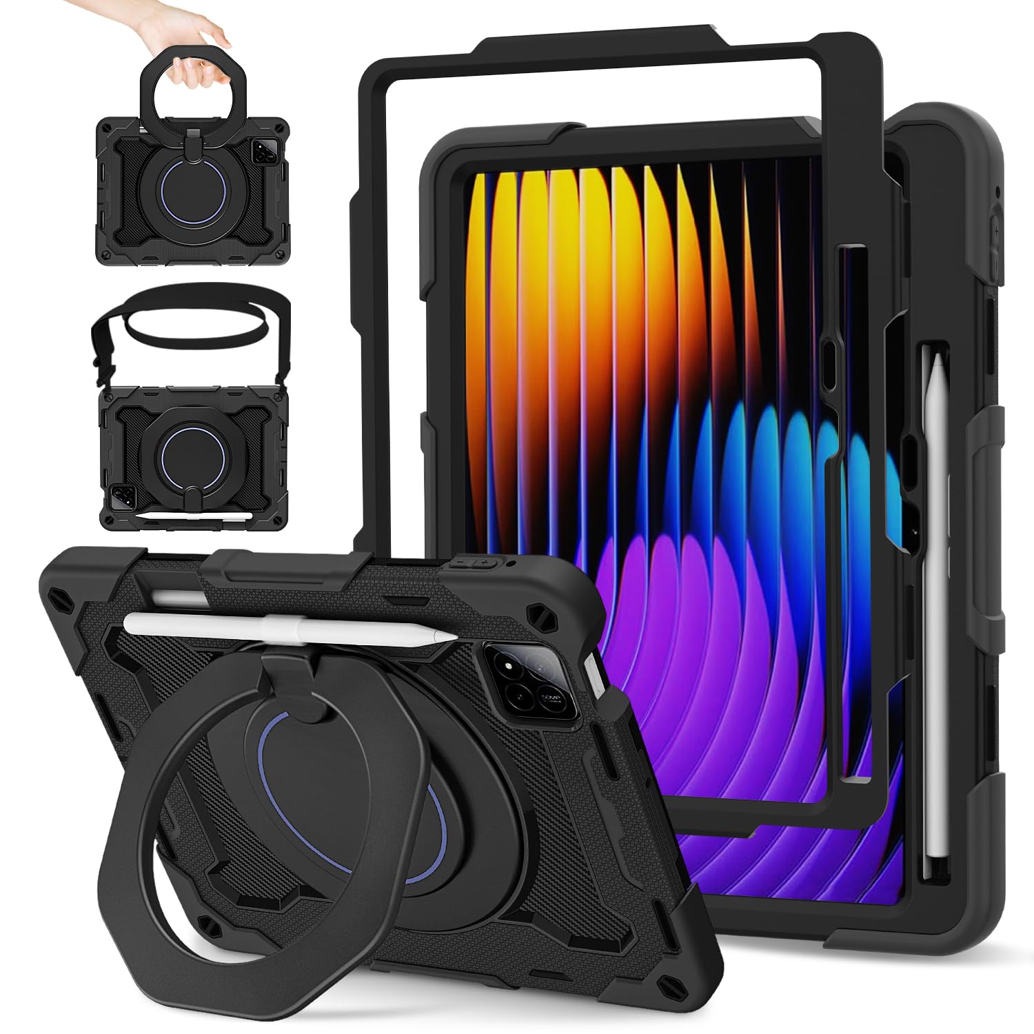 ROISKIN Hülle für Xiaomi Mi Pad 7/7 Pro 11,2 Zoll 2024 mit Displayschutz & Schultergurt & Stifthalter,Heavy Duty Stoßfeste Military Xiaomi Pad 7 Hülle,360 Drehbarer Ständer für Kinder,Schwarz