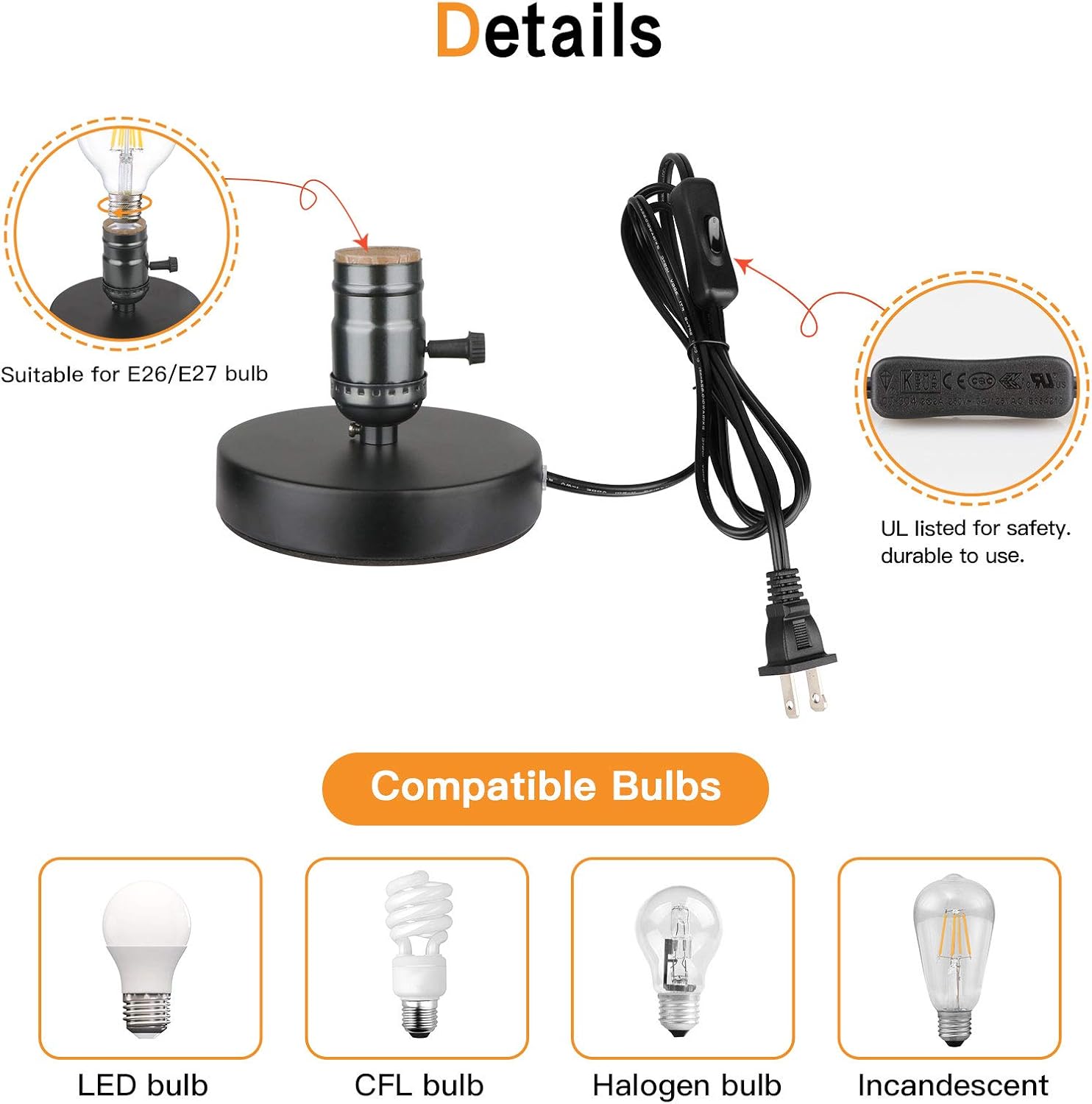 Vintage Table Lamp Base, Lamp Base Without Shade, E26 E27 Short Edison Light Bulb Stand, Small Simple Exposed Lamp Base, with Plug in 5.8ft Cord On/Off Switch Mini Industrial Basic Lamp (Gloss Black) - - 