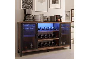 GITUA LED Wine Bar Cabinets for Home – Industrial Liquor Cabinet Bar with 2 Hinged Doors, Adjustable Wood and Steel Bar Table with Bottles Rack, Kitchen Farmhouse Coffee Bar, Farmhouse Rustic