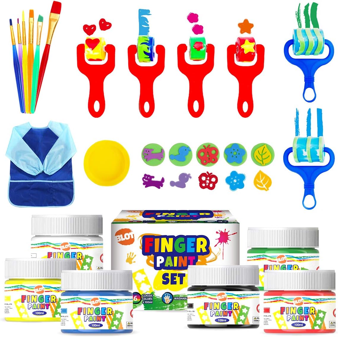 INK LAB Early Learning Kids Paint Set Washable Finger Paint Kit with Painting Brushes Apron Sponges for Toddlers Children Drawing, 6 Colors, 100ml/Can: Toys & Games