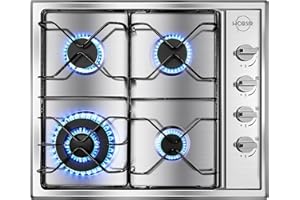HOBSIR HOB 4 Burner Gas Stove Gas Cooktop 24 Inch, Stainless Steel Built-in Gas Hob for LPG/NG Dual Fuel, Natural Gas/Propane Cooktop with Flame-out Protection for Kitchen Apartmen, Easy to Clean, 110v