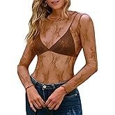 MEROKEETY Womens 2026 Long Sleeve Lace Sheer Mesh Tops Undershirt Sexy See Through Going Out Crewneck Blouse Shirts