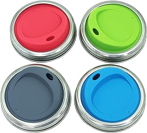 THINKCHANCES Reusable Food Grade and BPA Free Silicone Sip Coffee Juice Drinking Lid Kit with Stainless Steel Rings for Mason, Ball, Canning Jars, Pack of 4 Sets (Wide Mouth,Oval Drinking Hole)