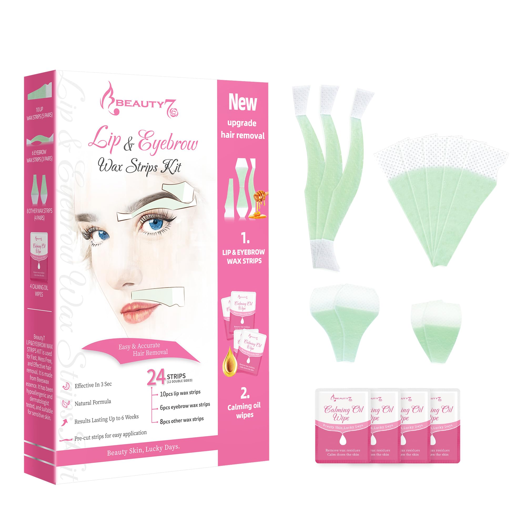 Beauty7 Wax Strips for face, 10 Strips Lips + 6pcs Strips Eyebrow + 8pcs Other Wax Strips with 4pcs Cleaner Oil Wipes After Care Facial Hair Removal