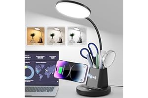 Sailstar Desk Lamp, Desk Lamps for Home Office with Wireless Charger & Pen Holder, 800 Lumens Gooseneck 3 Modes Dimmable Touch Circular LED Desk Light, Small Desk Lamp for College Dorm Room, Black