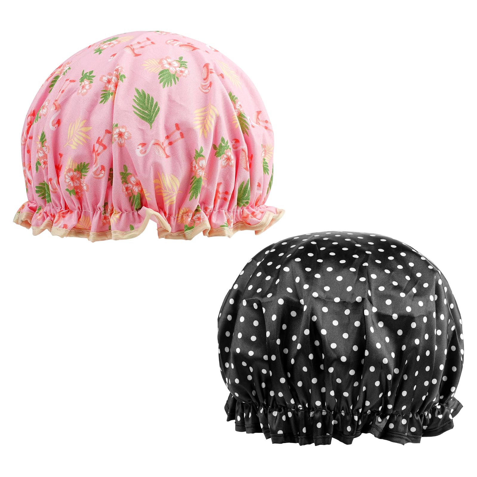2 Packs Shower Caps for Women, KissDate Waterproof Reusable Elastic Bath Cap Shower Cap for Women Long Hair Shower Spa Salon Accessories (Black, Pink)