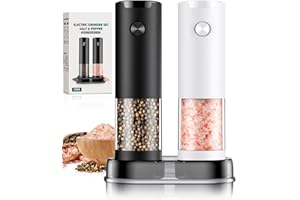 IOION Electric Salt and Pepper Grinder Set Automatic Battery Pepper Mill Shakers Adjustable Coarseness Easy Filling Upgraded Larger Capacity with Led (2 Pack Black/White）