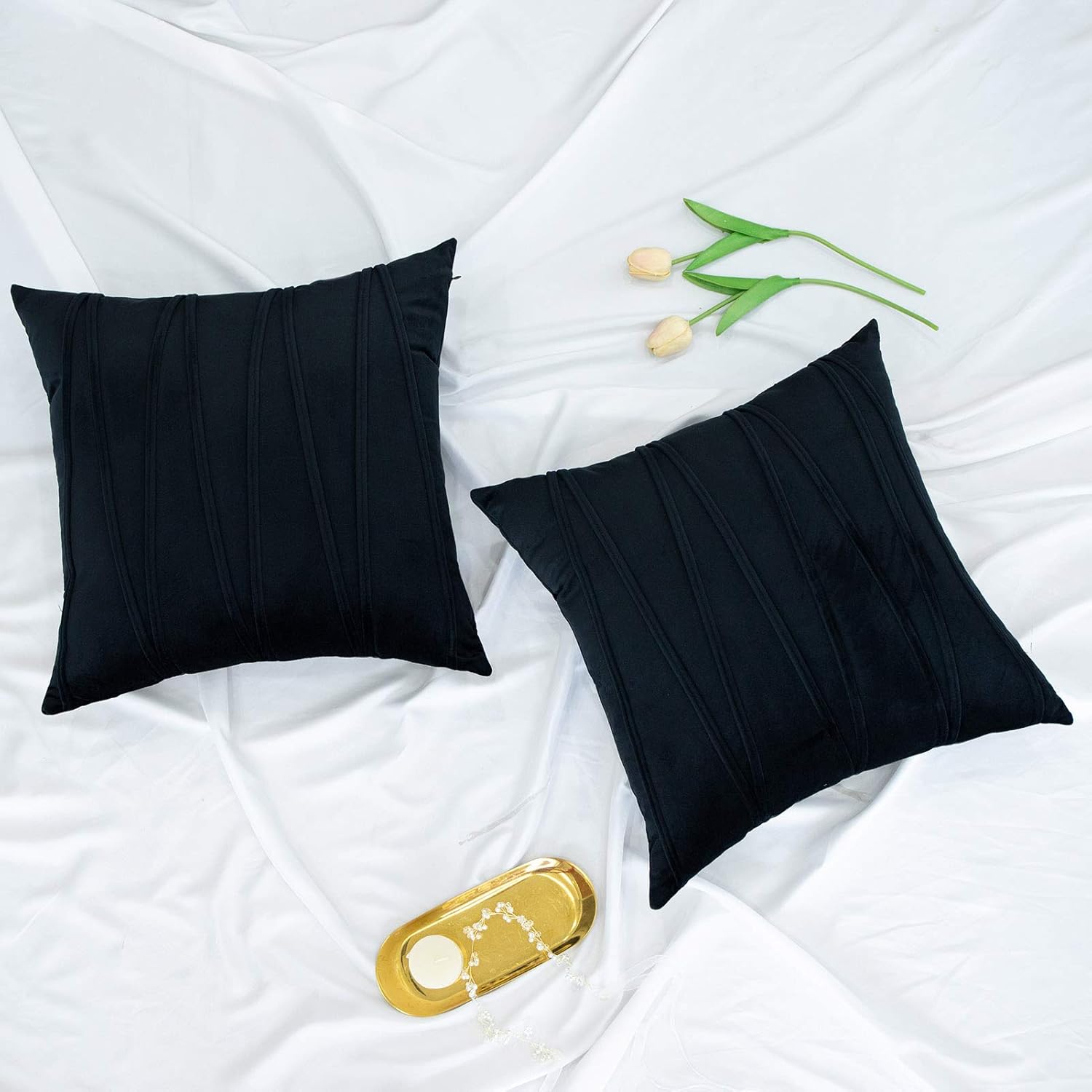 JUSPURBET Decorative Velvet Throw Pillow Covers with Velvet Striped,Pack of 2 Cushion Covers for Sofa Couch Bed,20x20 Inches,Black: Home & Kitchen