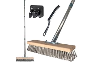 DBYANAN Stainless Steel Deck Scrub Brush with Long Handle, 62" Floor Scrubber Brush Heavy Duty Wire Brushes for Cleaning Pool Concrete Patio Garage Outdoor Moss Remover 11.8" Wide
